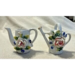 Vintage Miniature White Pitcher And Watering Can with‎ Figural Flower Japan